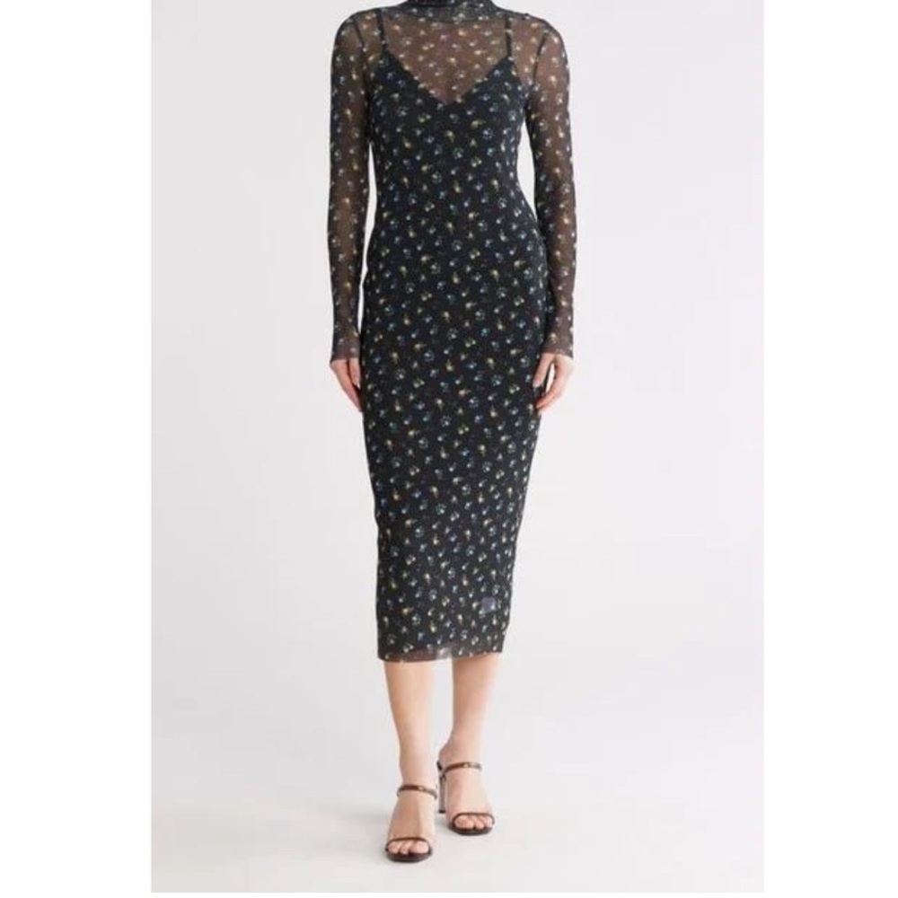 REVOLVE AFRM Black Floral ditzy Long Sleeve Dress mesh stretch